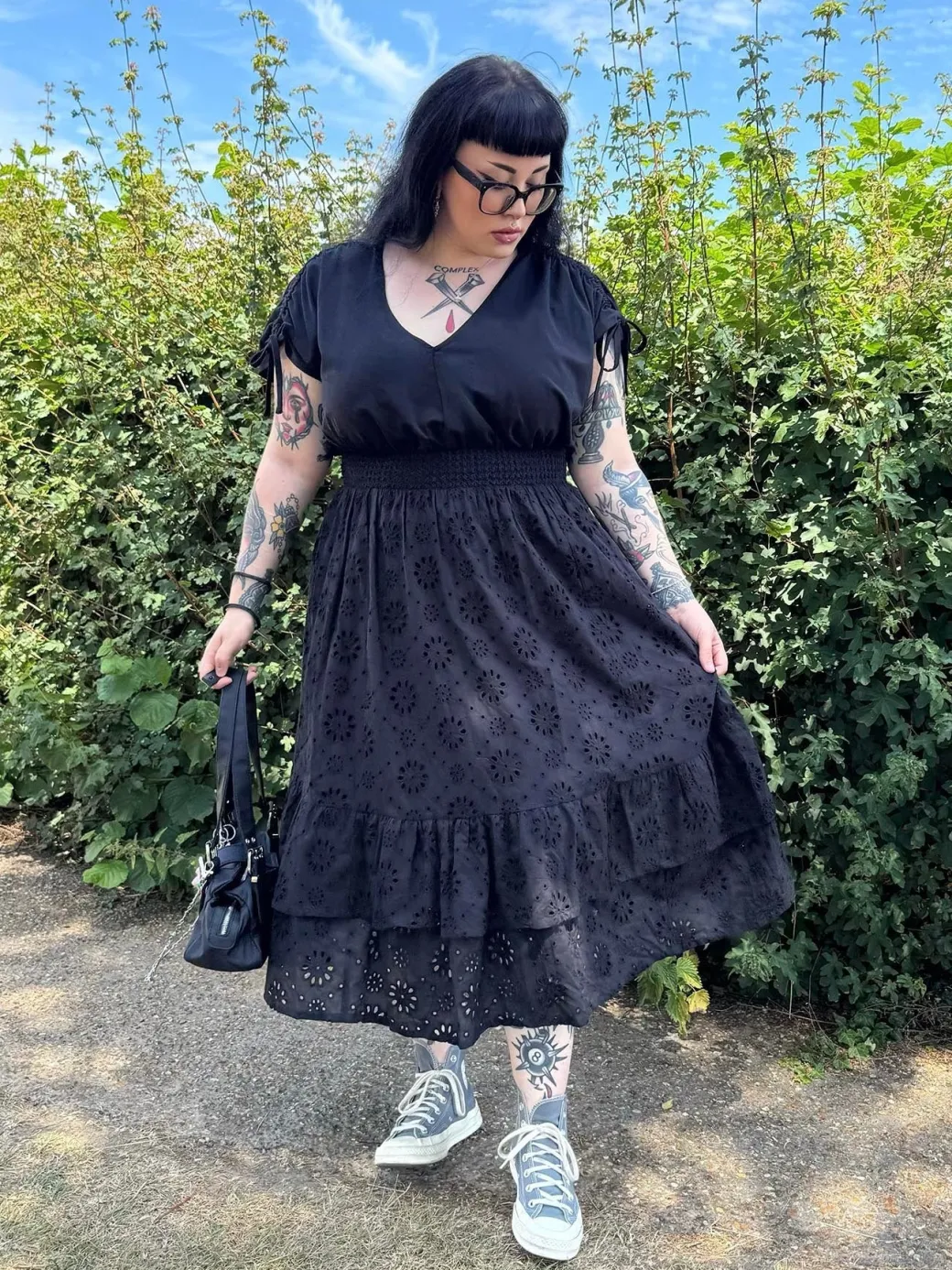 Broderie Anglaise Midi Dress - Black