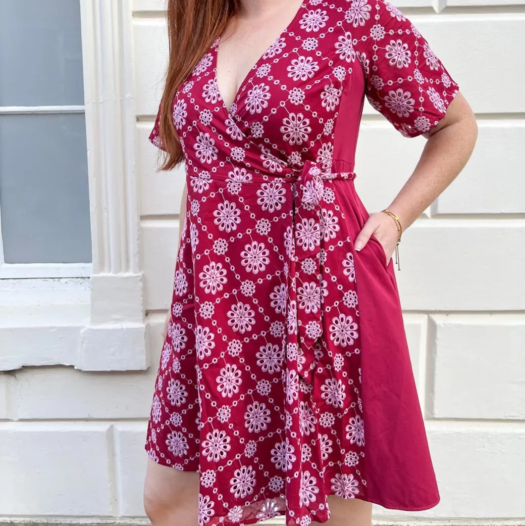 Broderie Anglaise Wrap Dress - Blood Red