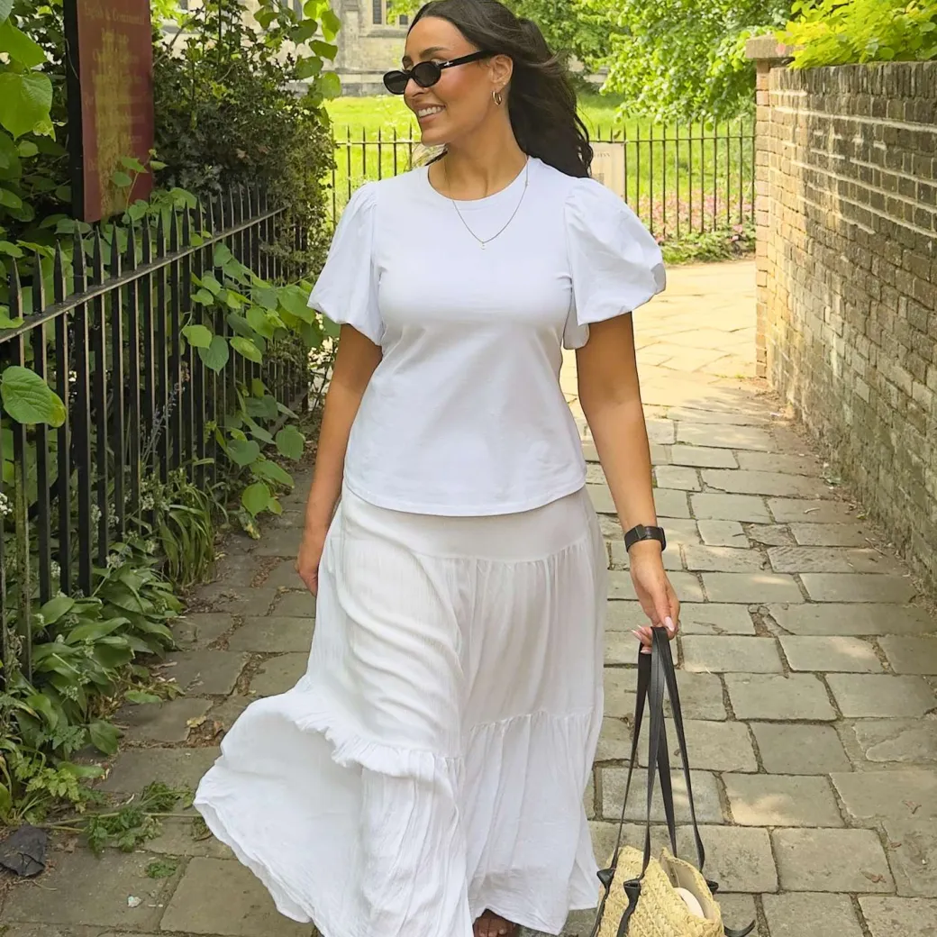 Crew neck Puff Sleeve Tee - White