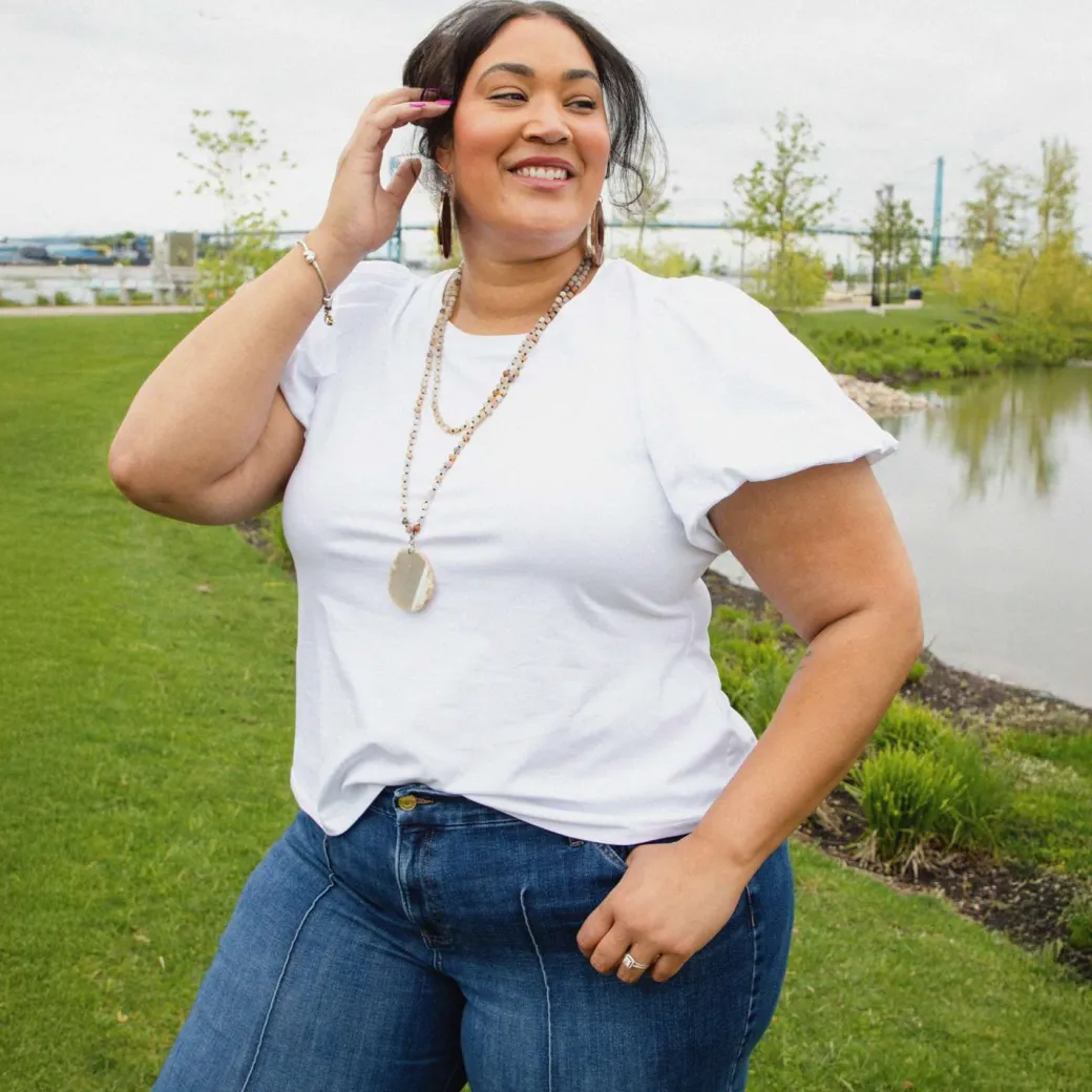 Crew neck Puff Sleeve Tee - White