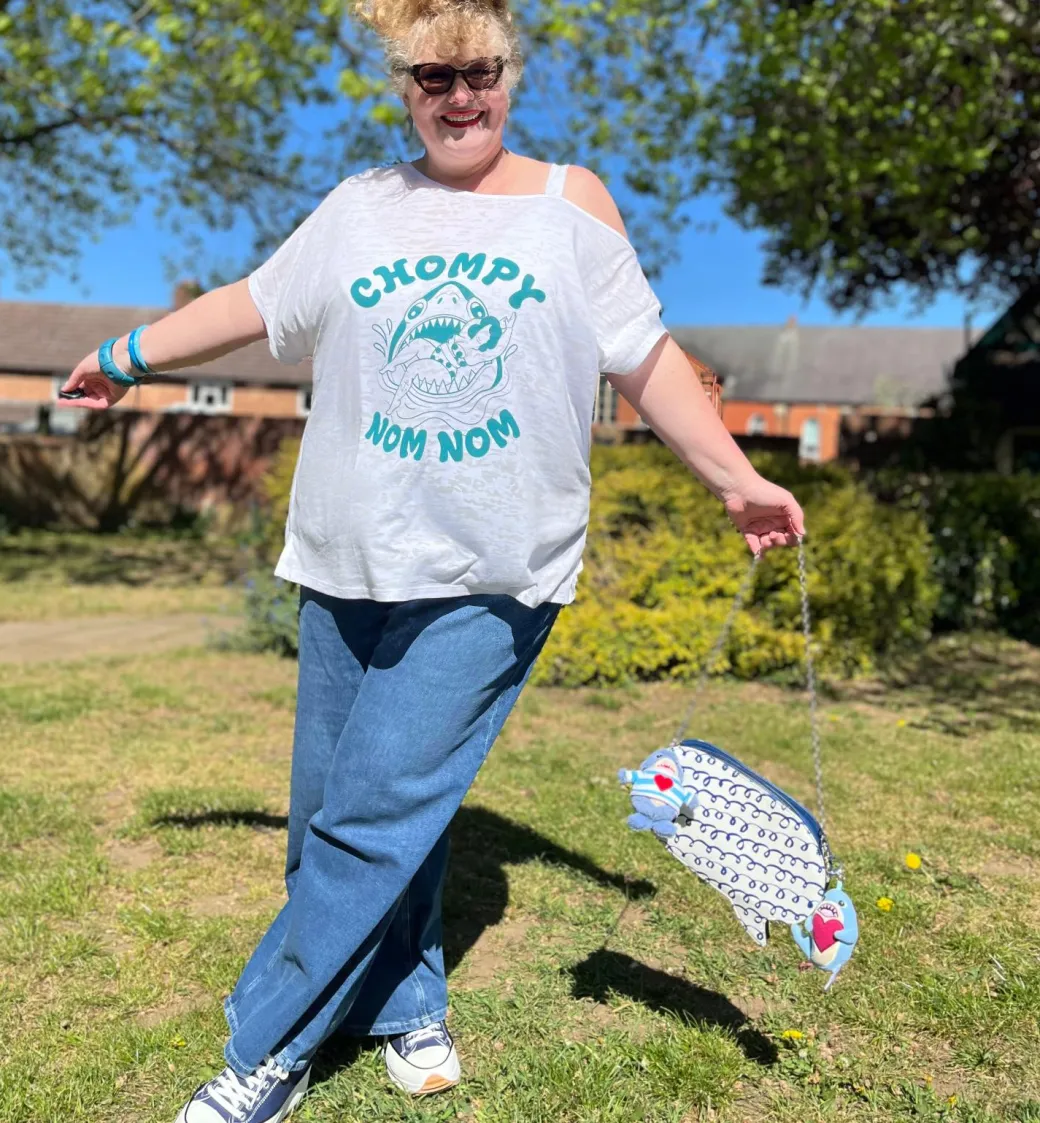 Debbie Off-Shoulder Tee - Chompy Shark Print