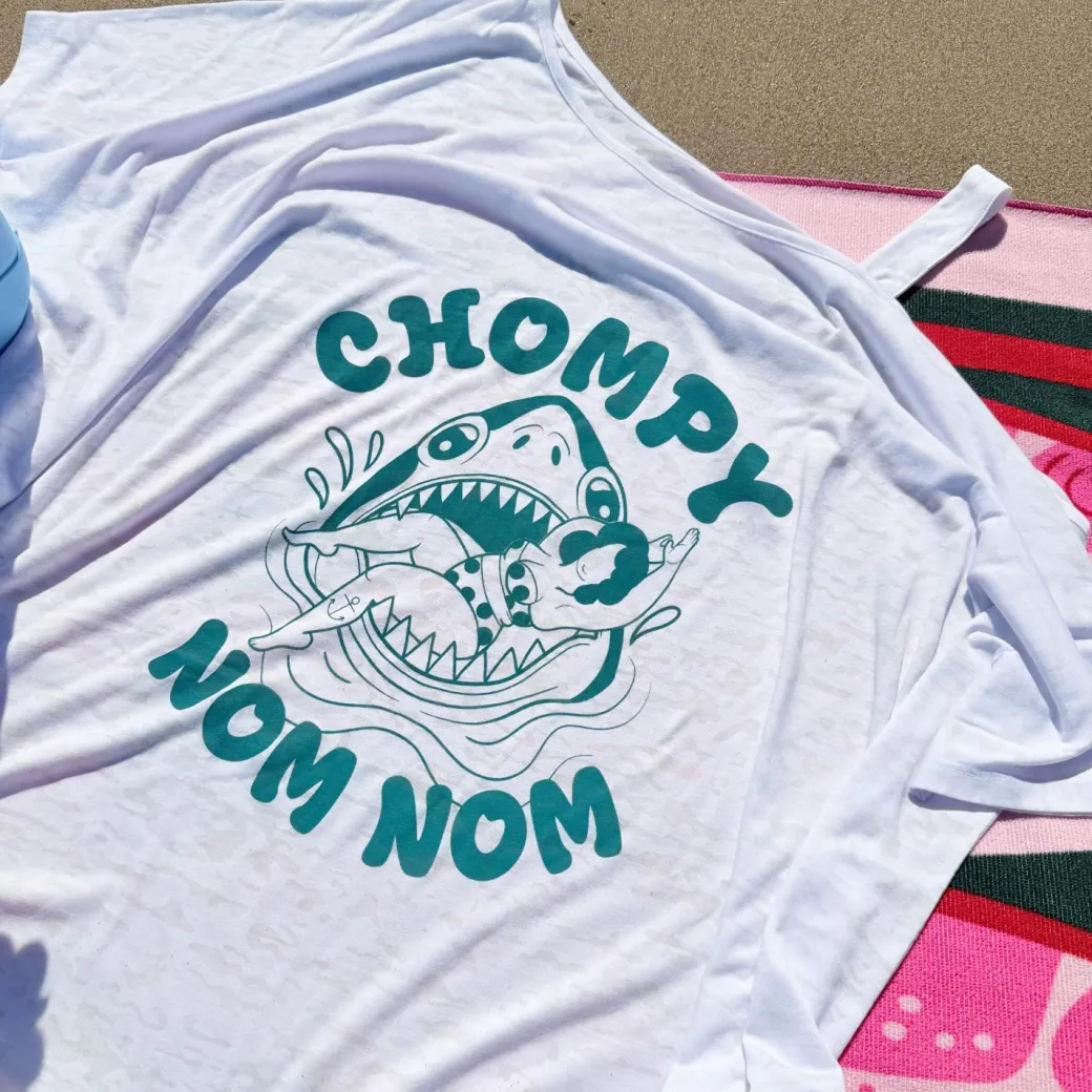 Debbie Off-Shoulder Tee - Chompy Shark Print