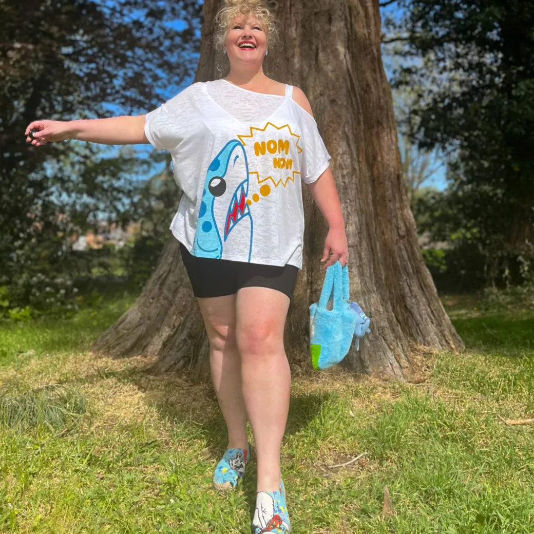 Debbie Off-Shoulder Tee - NOM-NOM Shark Print