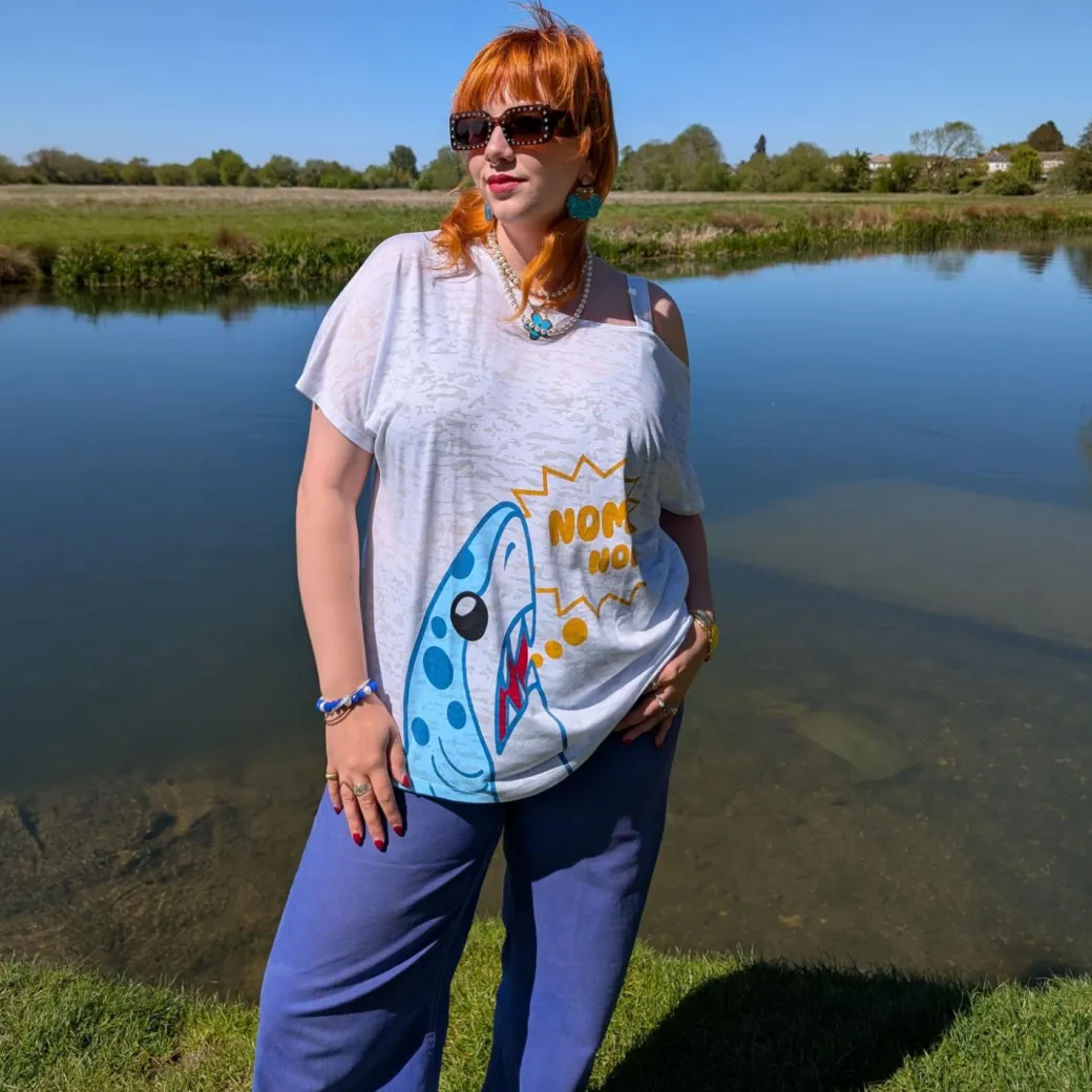 Debbie Off-Shoulder Tee - NOM-NOM Shark Print