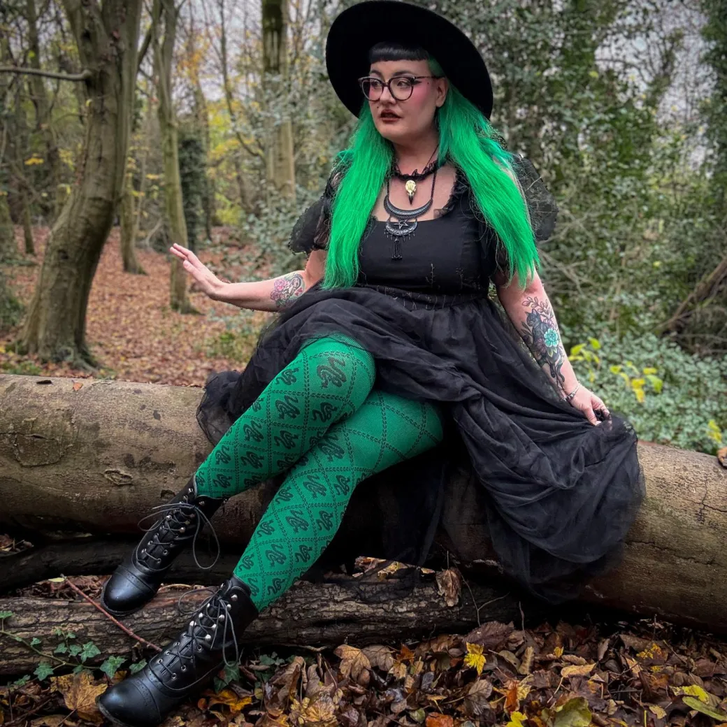 80 Denier Opaque Tights - Corra Snakes - Foliage Green