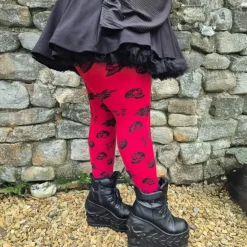 80 Denier Opaque Tights - Danu Skull Flower - Blood Red
