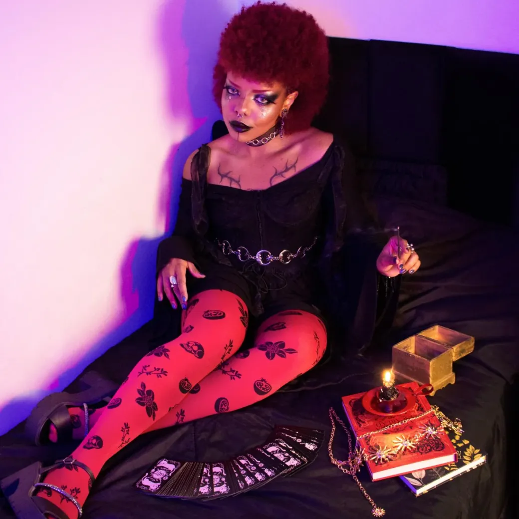 80 Denier Opaque Tights - Danu Skull Flower - Blood Red