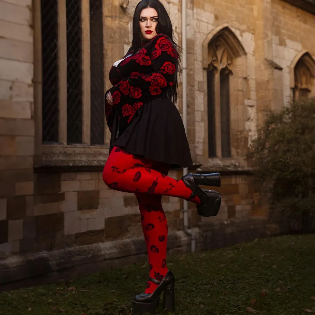 80 Denier Opaque Tights - Danu Skull Flower - Blood Red