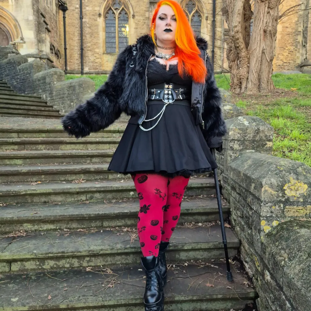 80 Denier Opaque Tights - Danu Skull Flower - Blood Red
