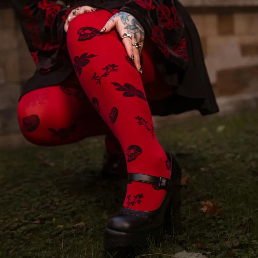 80 Denier Opaque Tights - Danu Skull Flower - Blood Red