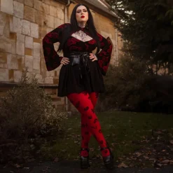 80 Denier Opaque Tights - Danu Skull Flower - Blood Red