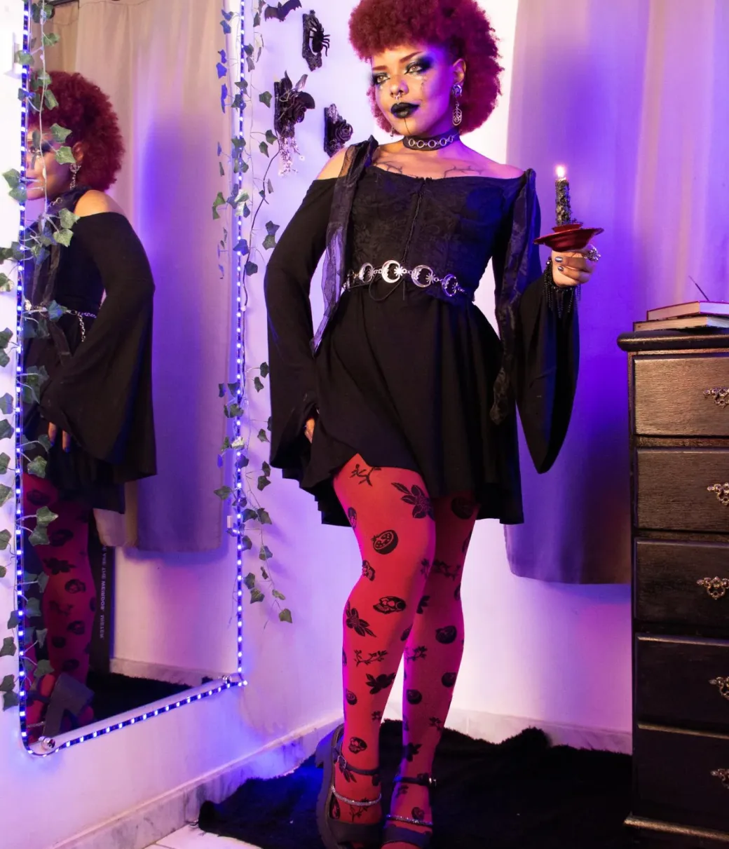 80 Denier Opaque Tights - Danu Skull Flower - Blood Red