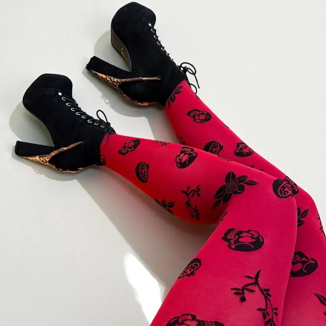 80 Denier Opaque Tights - Danu Skull Flower - Blood Red