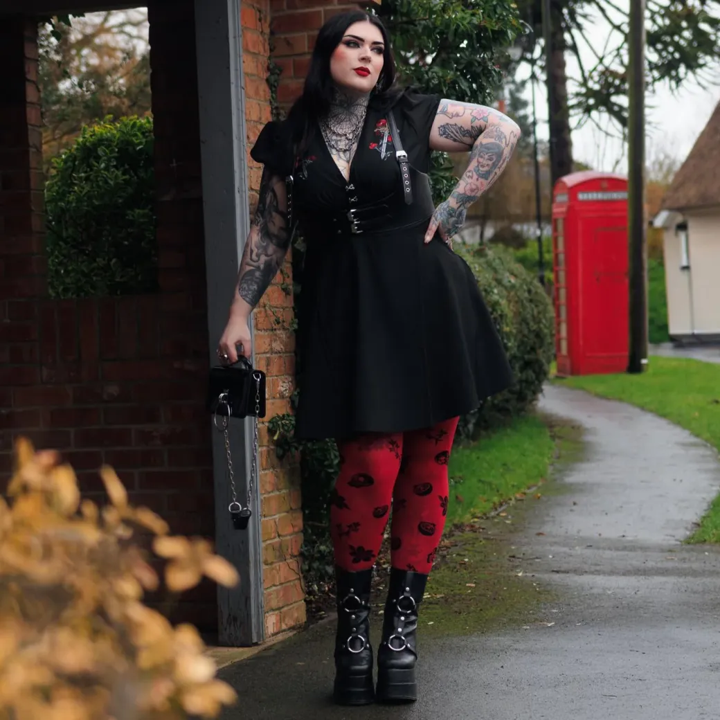 80 Denier Opaque Tights - Danu Skull Flower - Blood Red