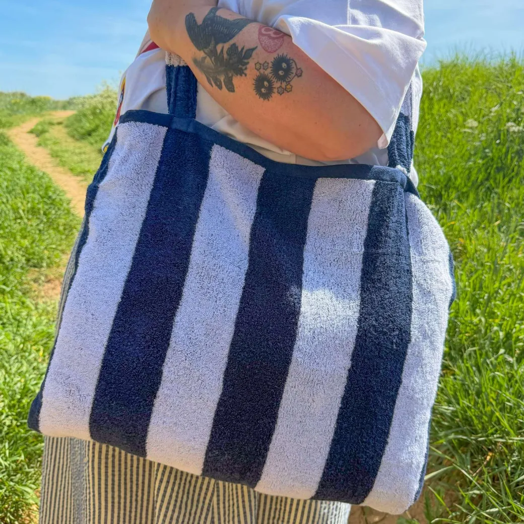 2-in-1 Beach Towel Bag - Navy and White Stripe