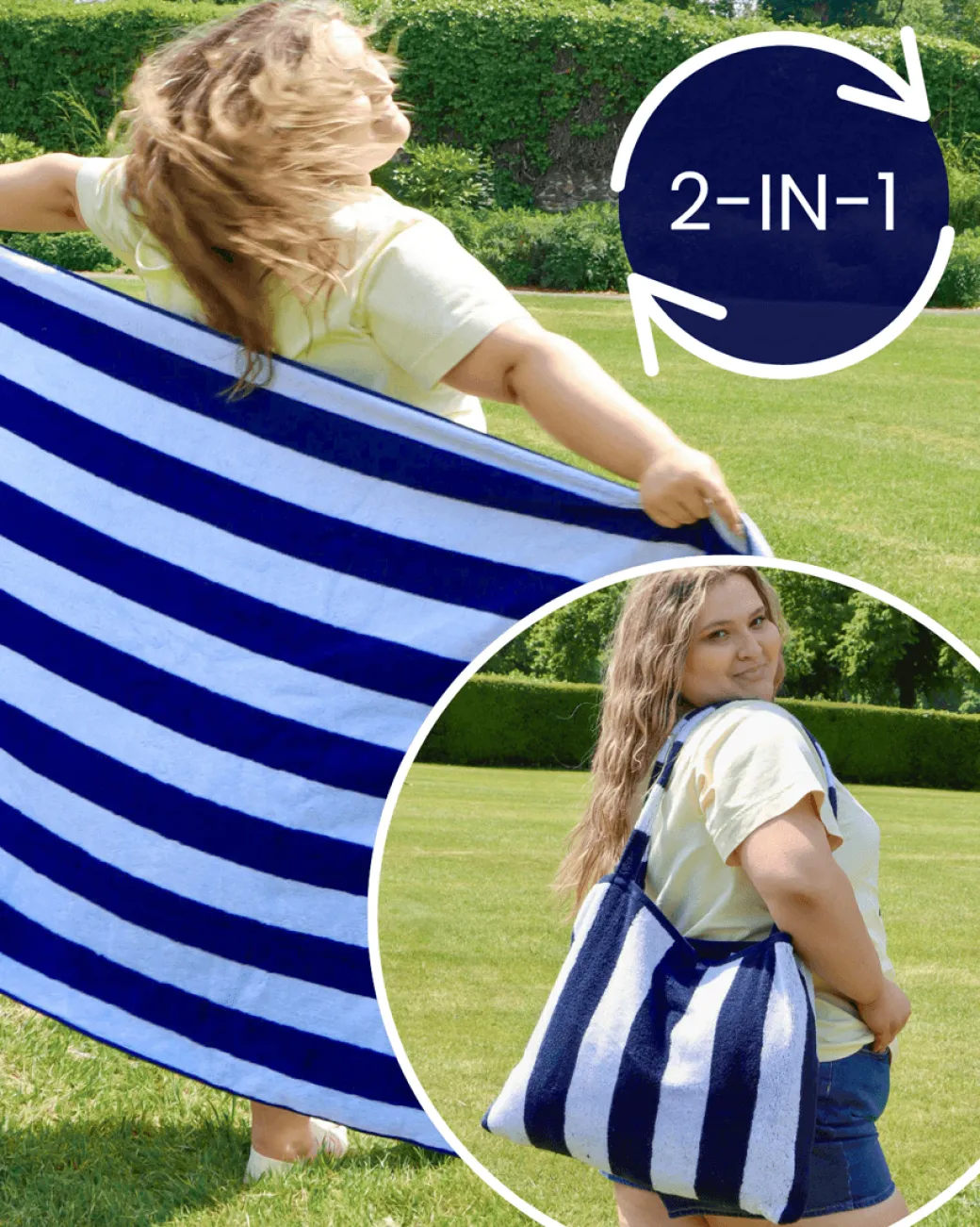 2-in-1 Beach Towel Bag - Navy and White Stripe