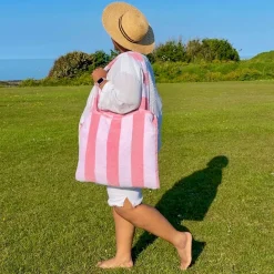 2-in-1 Beach Towel Bag - Pink and White Stripe