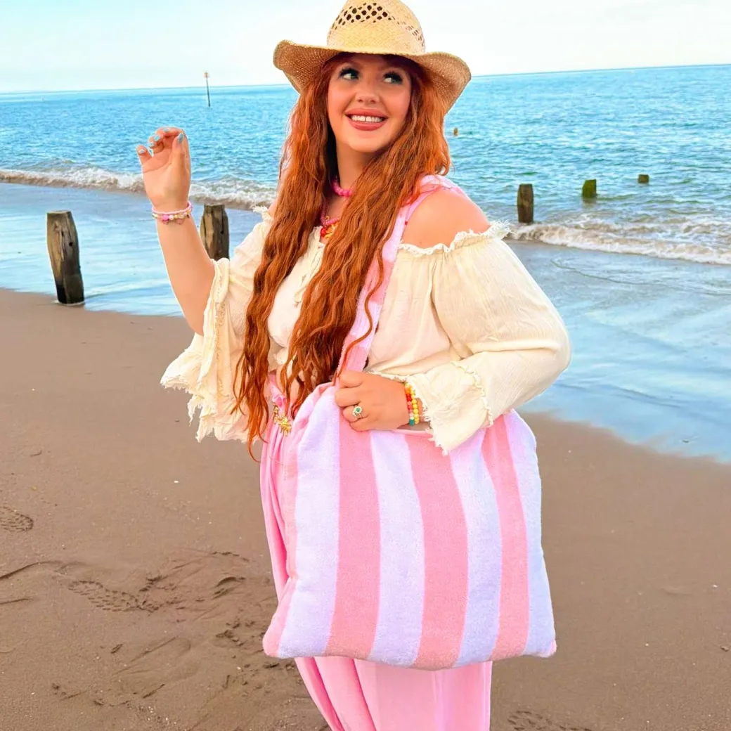 2-in-1 Beach Towel Bag - Pink and White Stripe