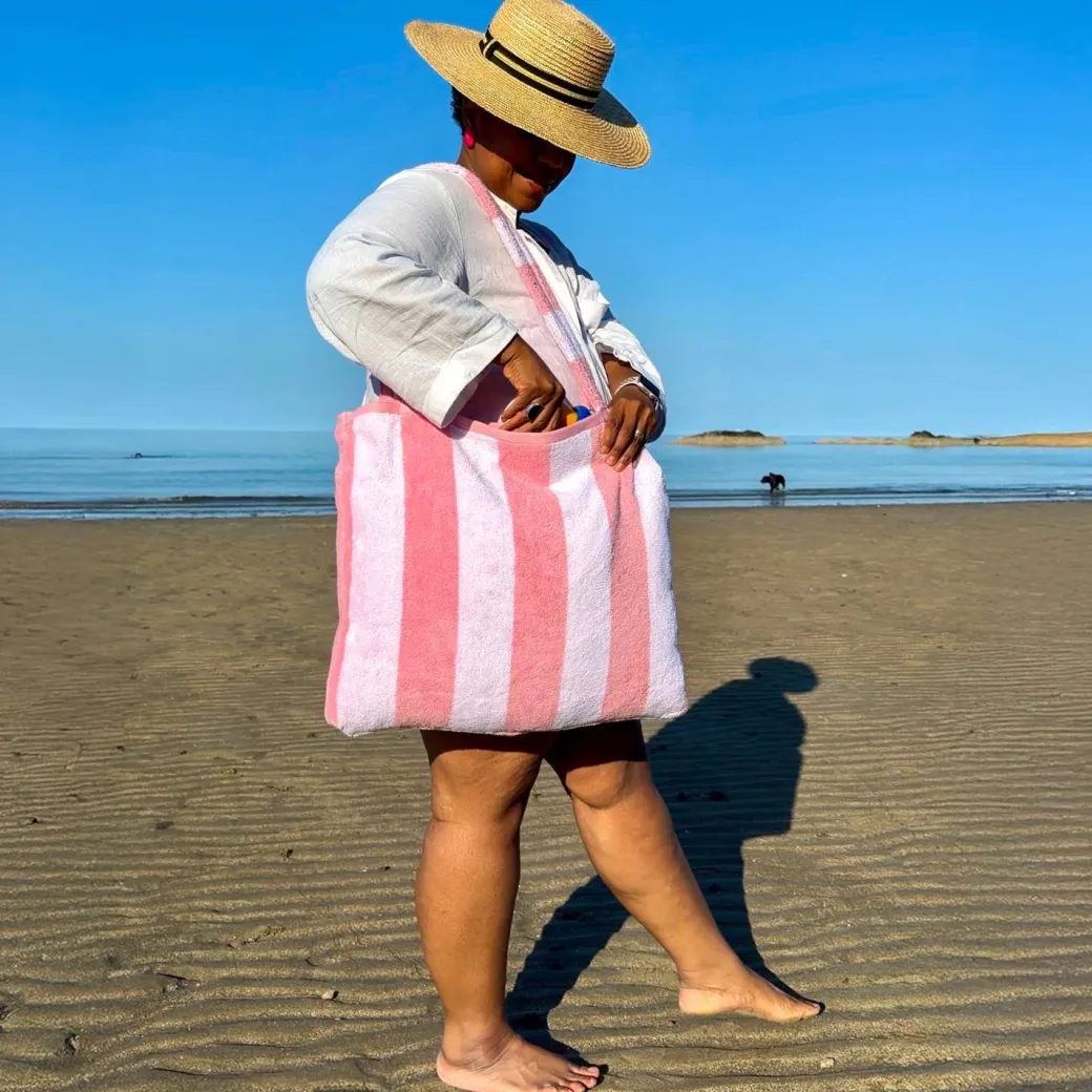 2-in-1 Beach Towel Bag - Pink and White Stripe