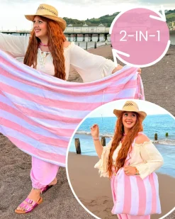 2-in-1 Beach Towel Bag - Pink and White Stripe