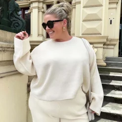 Knit Rib Wide Leg Trousers - Oatmeal