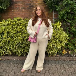 Knit Rib Wide Leg Trousers - Oatmeal