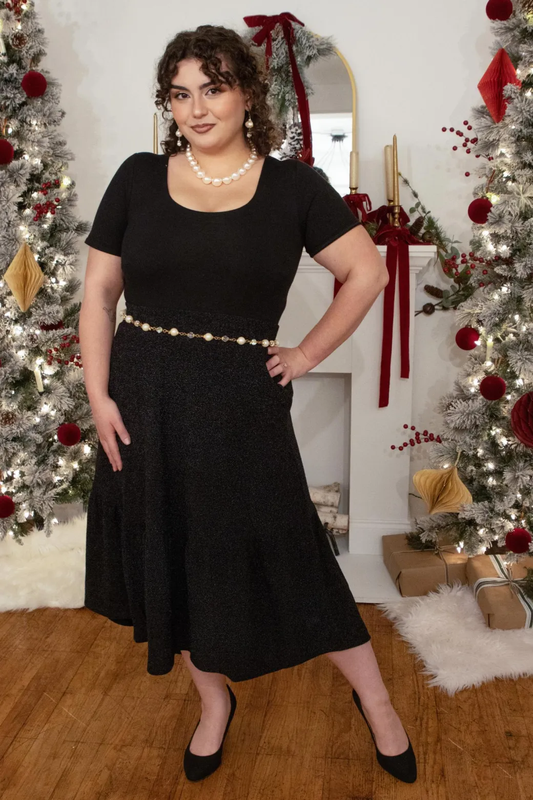 Lurex Tiered Midi Skirt - Black