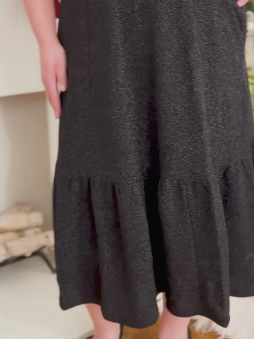 Lurex Tiered Midi Skirt - Black