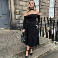 Lurex Tiered Midi Skirt - Black