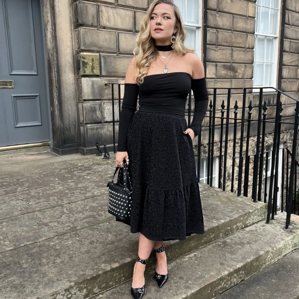 Lurex Tiered Midi Skirt - Black