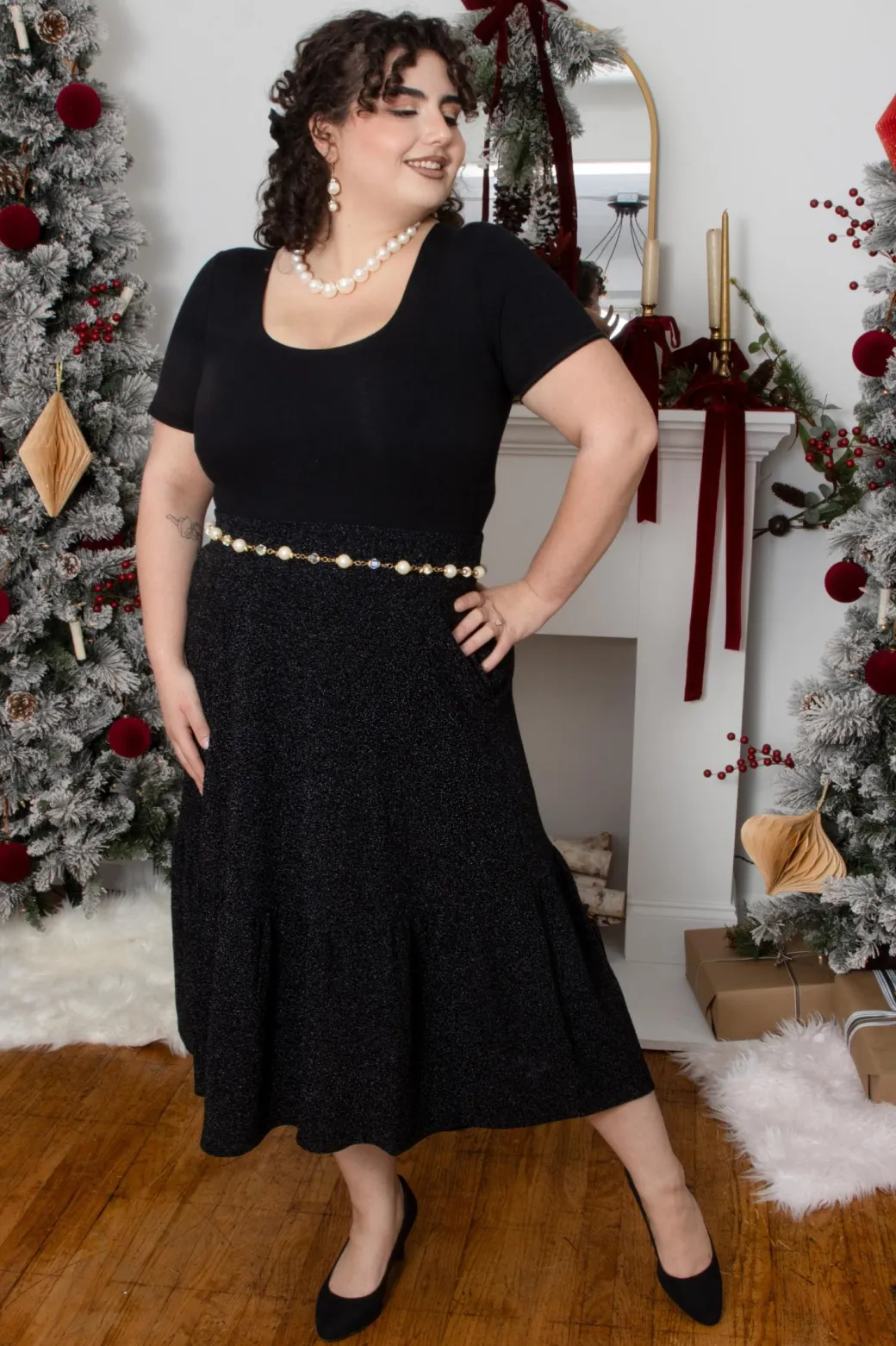 Lurex Tiered Midi Skirt - Black