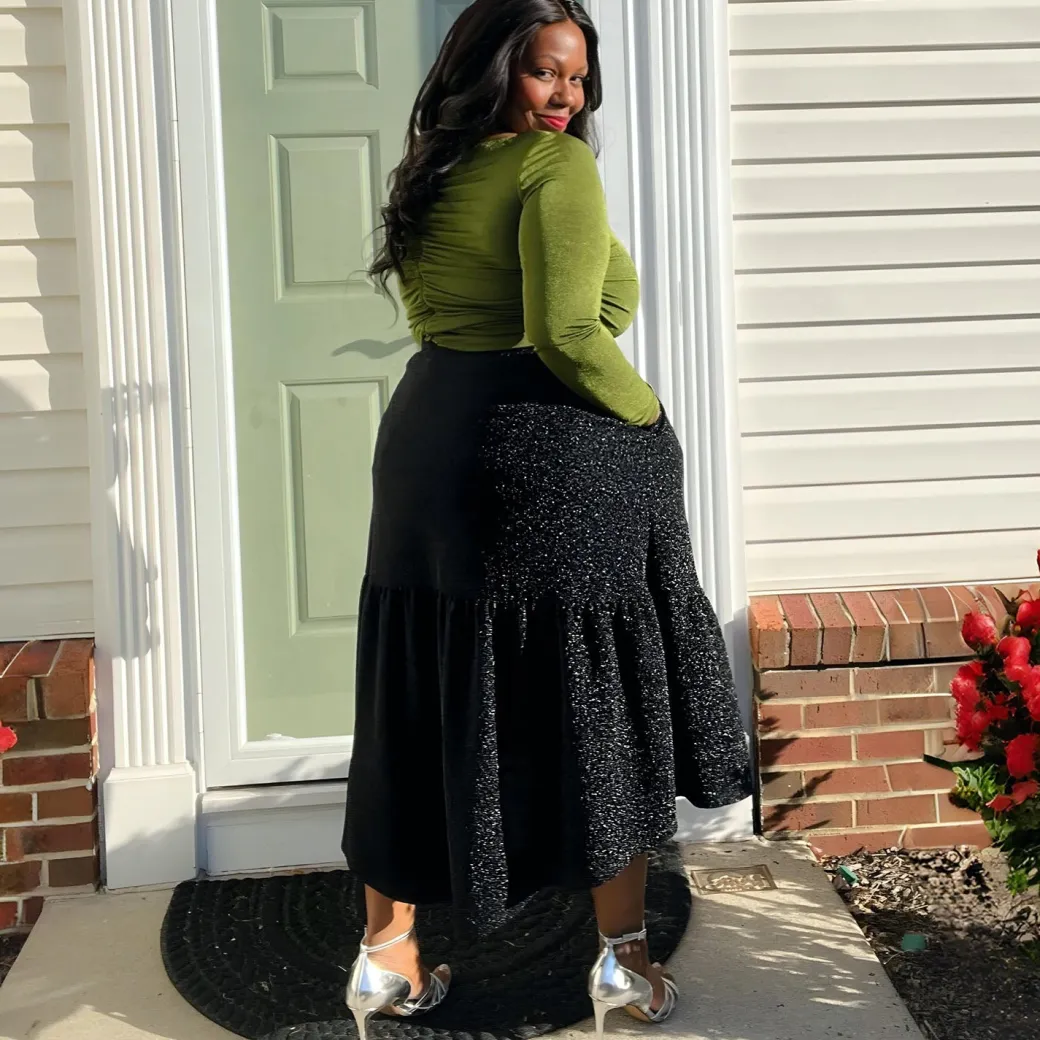 Lurex Tiered Midi Skirt - Black