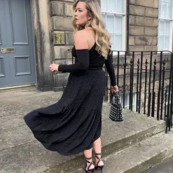 Lurex Tiered Midi Skirt - Black