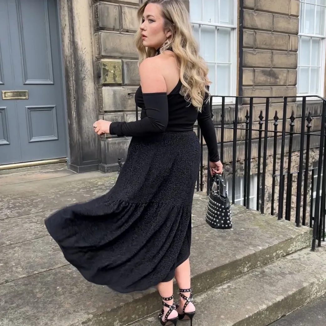 Lurex Tiered Midi Skirt - Black