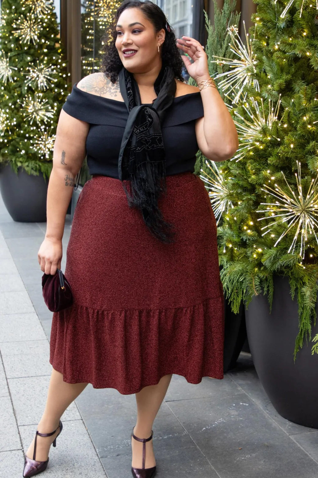 Lurex Tiered Midi Skirt - Bordeaux