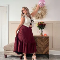 Lurex Tiered Midi Skirt - Bordeaux