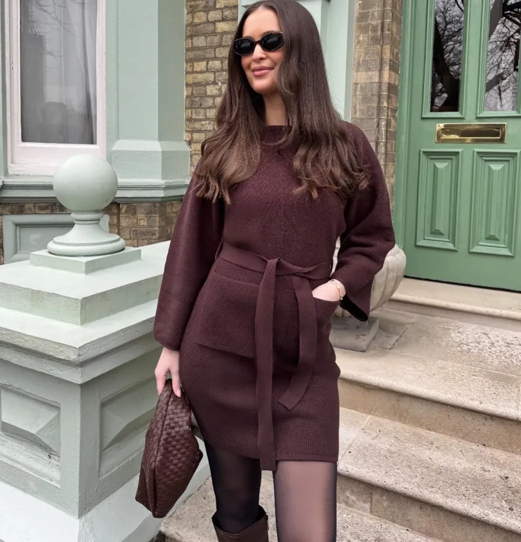 Mini Knitted Cocoon Dress - Hot Chocolate