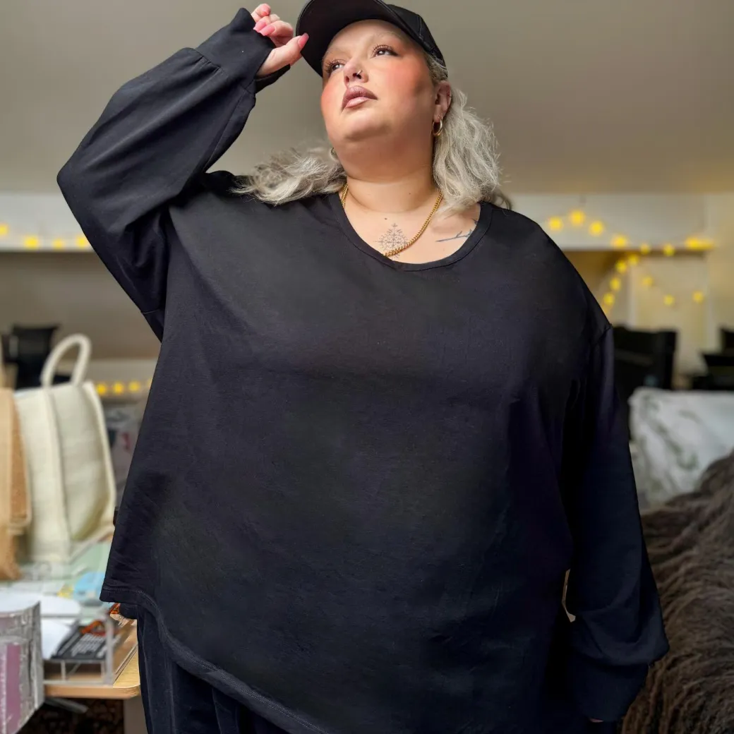 Organic Cotton Long Sleeve Scoop Neck Top - Black