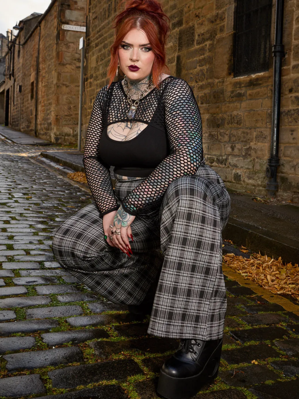 Plaid Wide-Leg Trousers - Black & Grey
