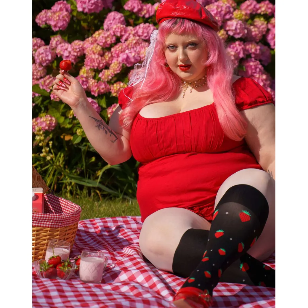 Strawberry Mock Sock Tights - Black