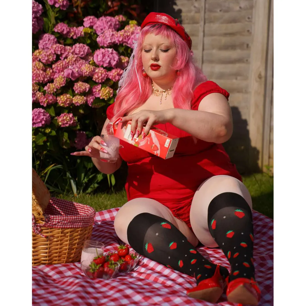 Strawberry Mock Sock Tights - Black