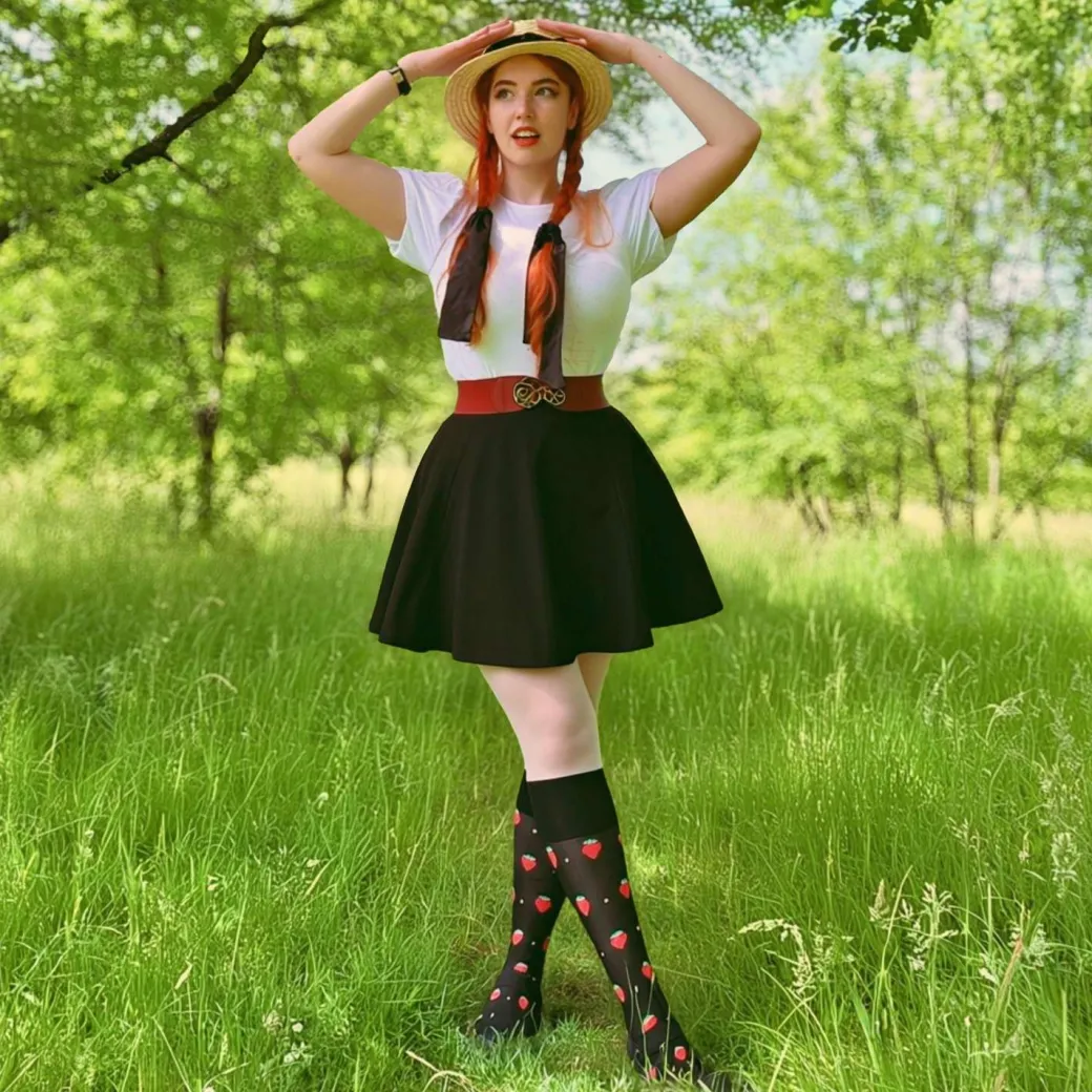 Strawberry Mock Sock Tights - Black