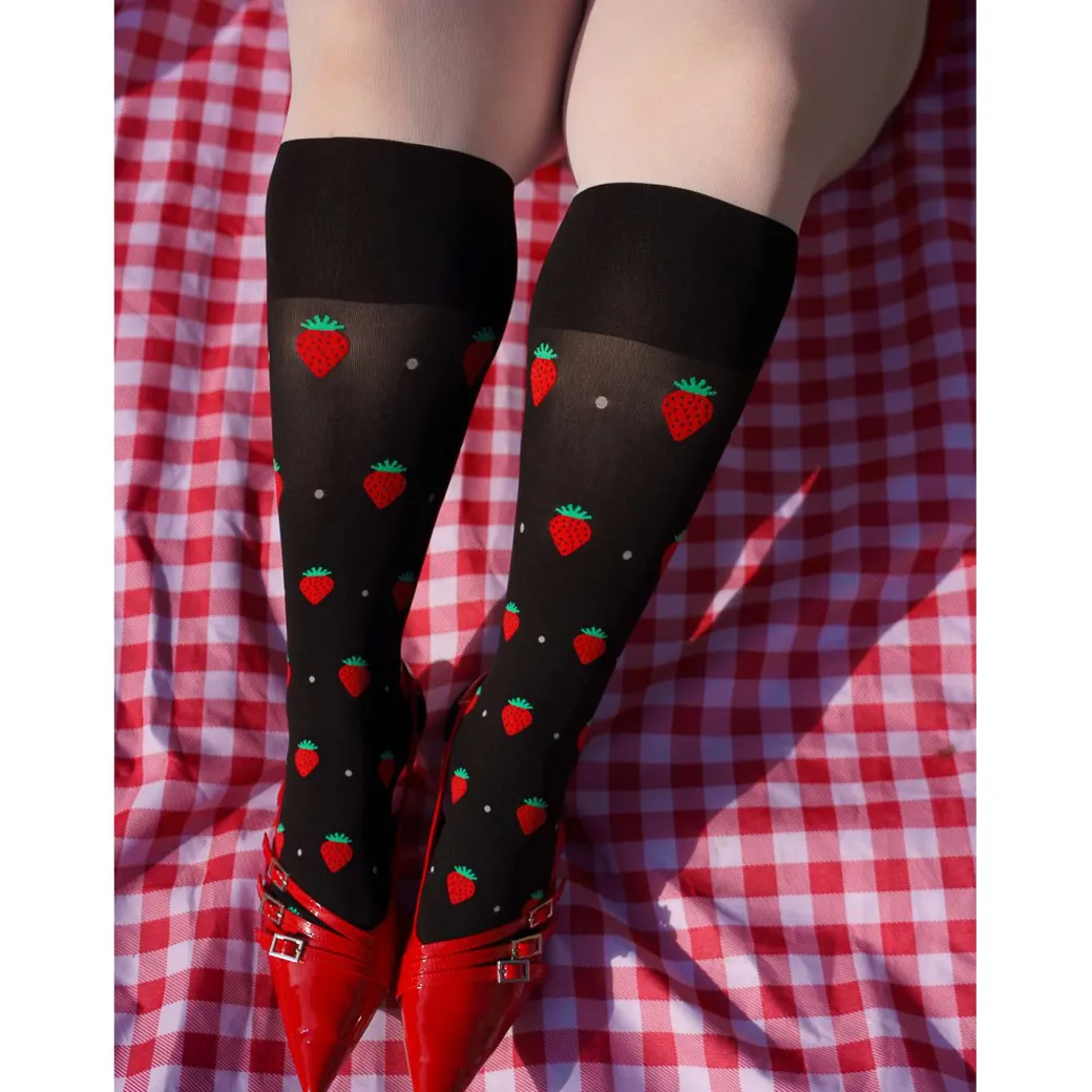 Strawberry Mock Sock Tights - Black