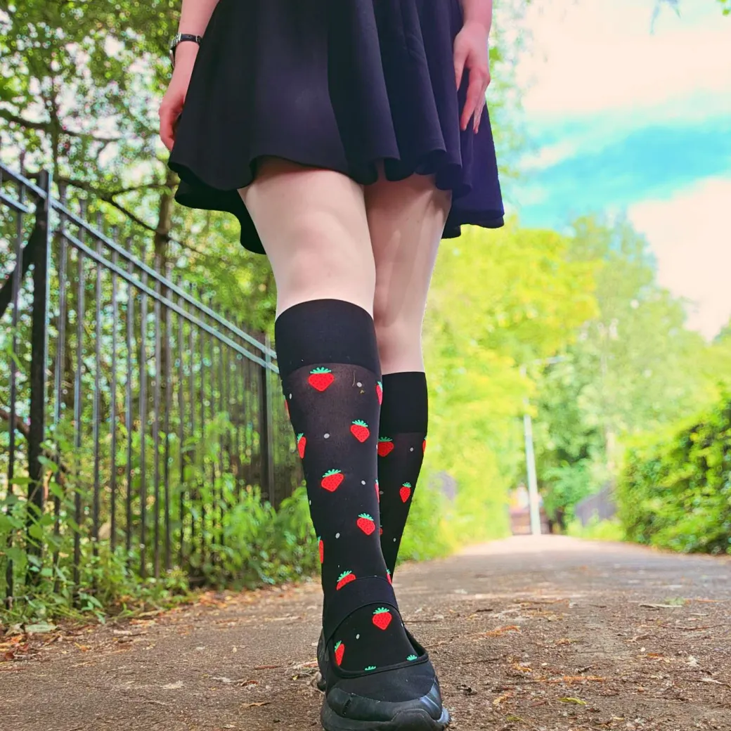Strawberry Mock Sock Tights - Black