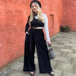 Wide Leg Cord Tailored Trousers - Black