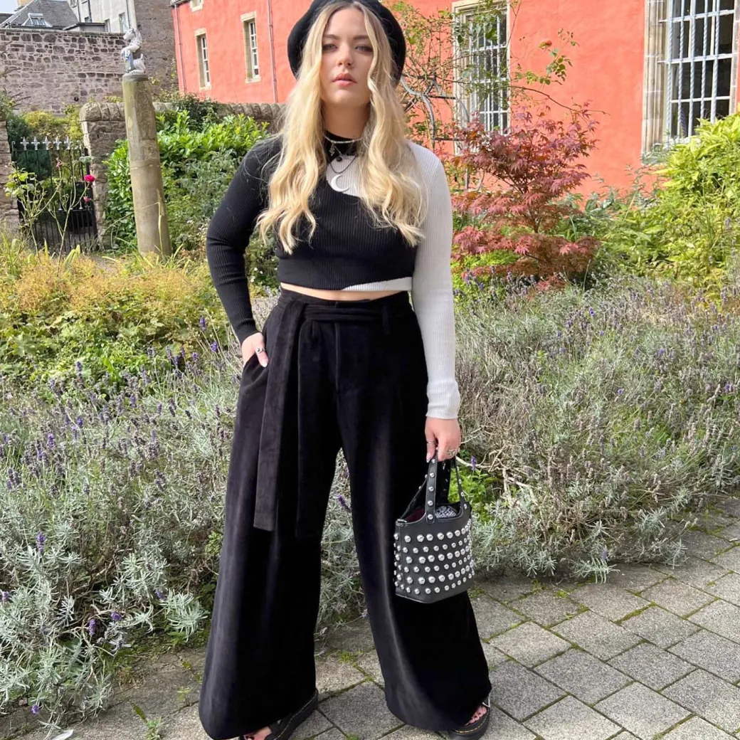 Wide Leg Cord Tailored Trousers - Black