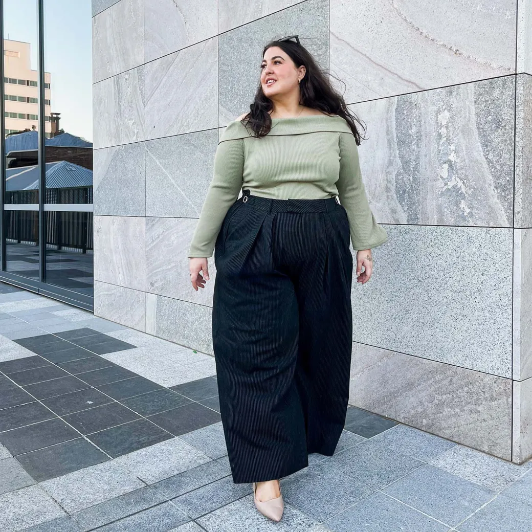 Wide Leg Pinstripe Tailored Trousers - Black