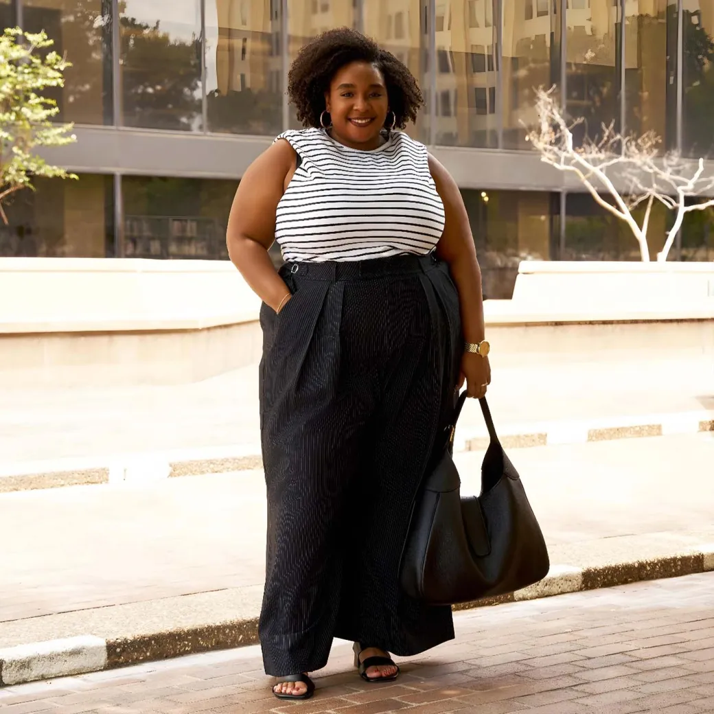 Wide Leg Pinstripe Tailored Trousers - Black
