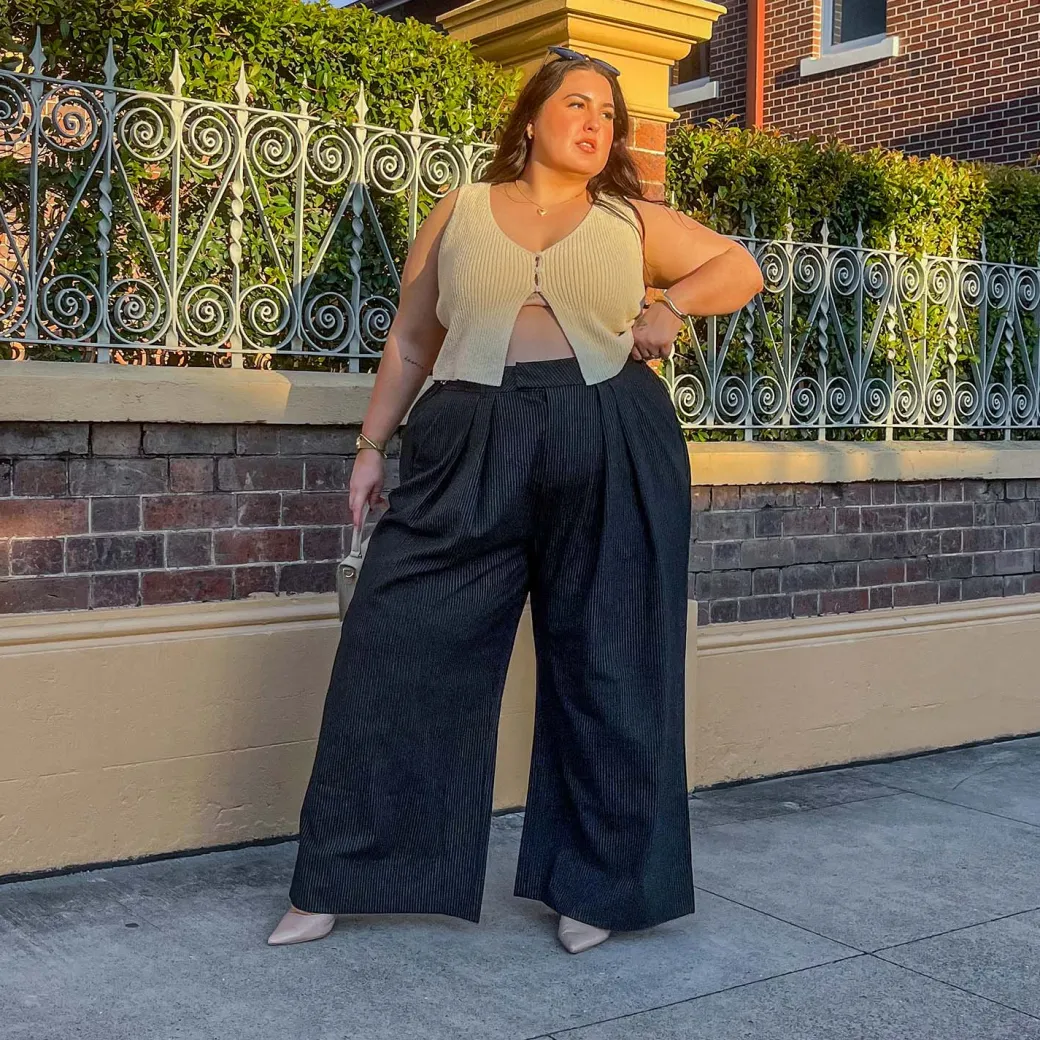 Wide Leg Pinstripe Tailored Trousers - Black